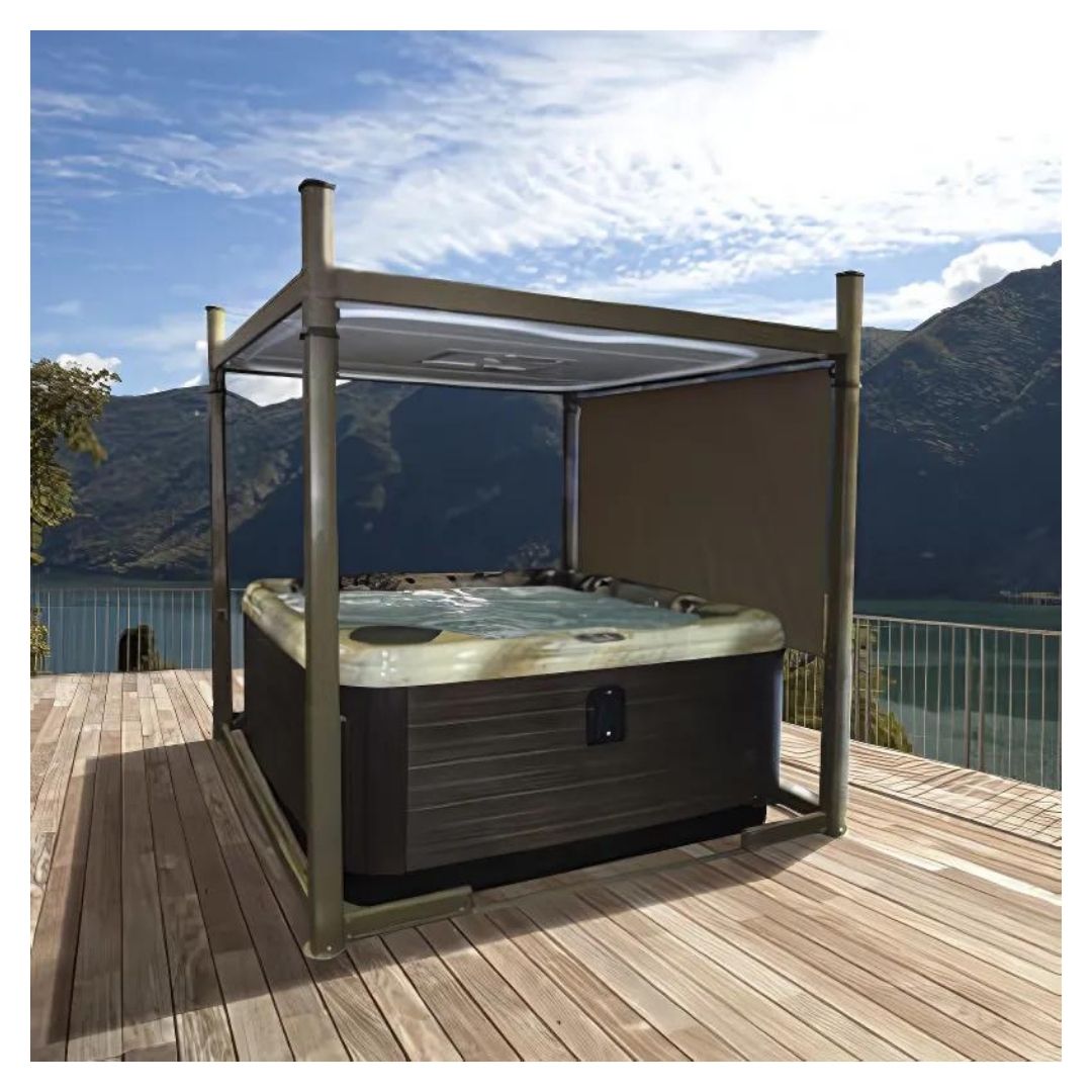 hot tub on deck with mountains in background
