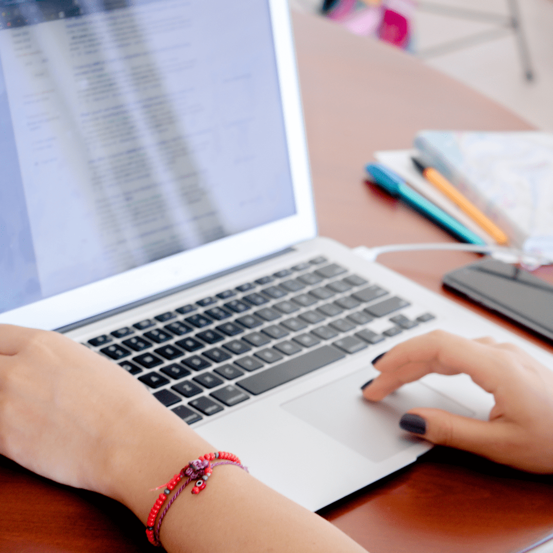 A woman researching pools