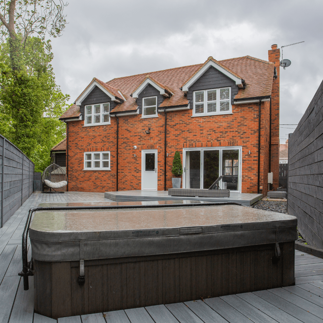 A hot tub atop a deck