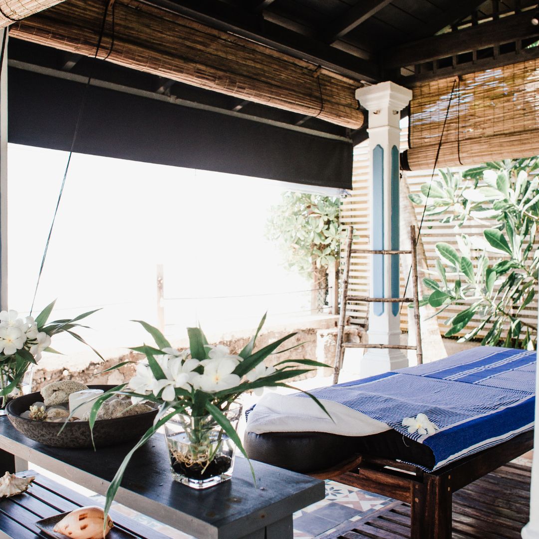 A gazebo with a massage table