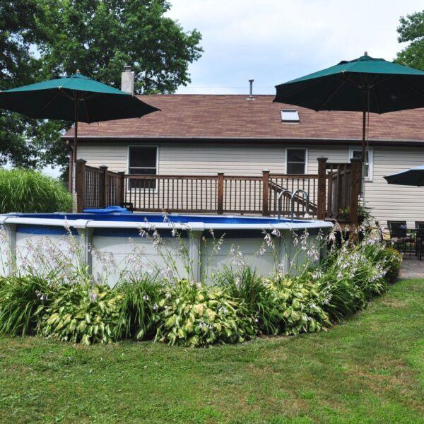 Above ground pool in backyard