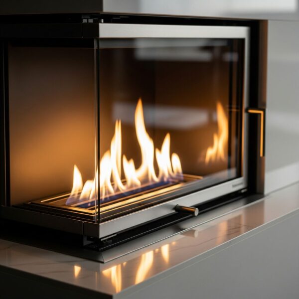 A close-up shot of a sleek, modern gas fireplace insert