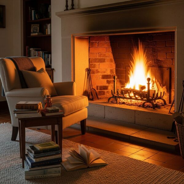 A cozy reading nook next to a traditional wood-burning fireplace