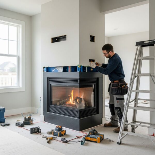 A professional installing a new fireplace in a home