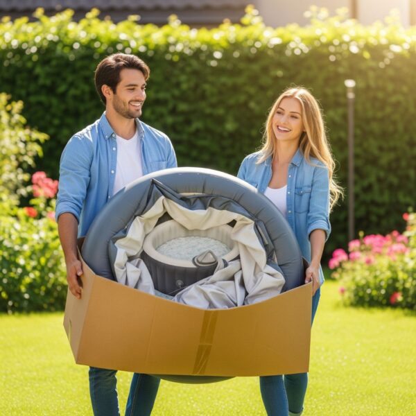 A couple carrying a boxed inflatable spa