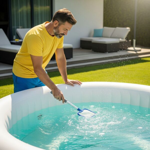 A person maintaining the water quality of their inflatable spa