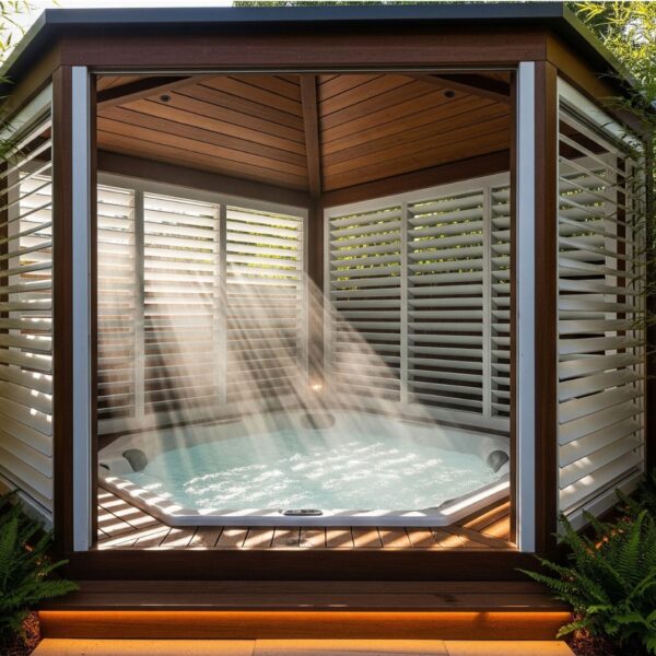 A spa gazebo with louvered walls offers enhanced privacy for a backyard hot tub