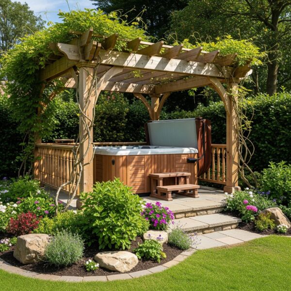 An elegant hot tub pergola design that enhances the aesthetic of a backyard garden space