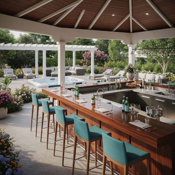 A functional privacy gazebo for a hot tub, featuring space for towels and drinks