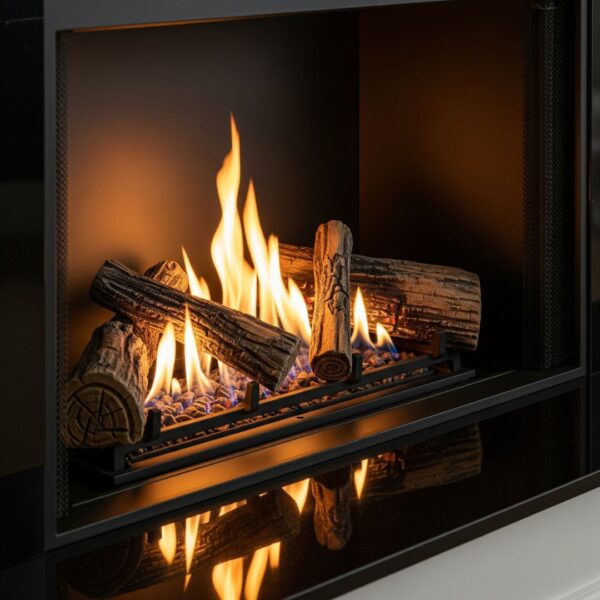 A modern gas fireplace insert with realistic flames