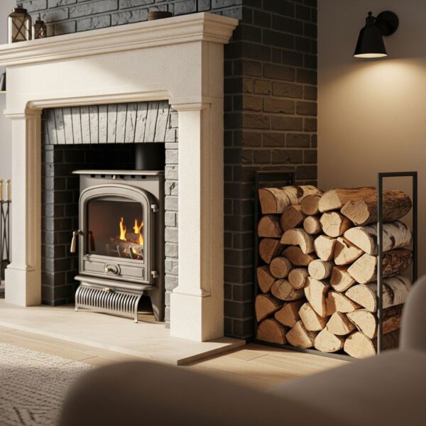 A classic wood fireplace with a crackling fire and stacked firewood