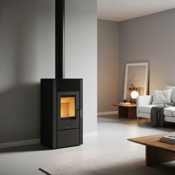 An efficient and modern pellet stove in a minimalist home