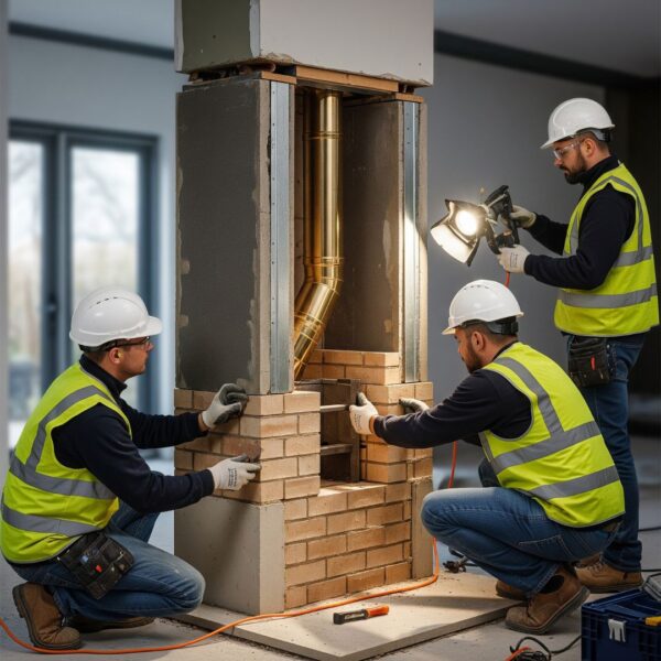 A certified technician performing a professional fireplace installation