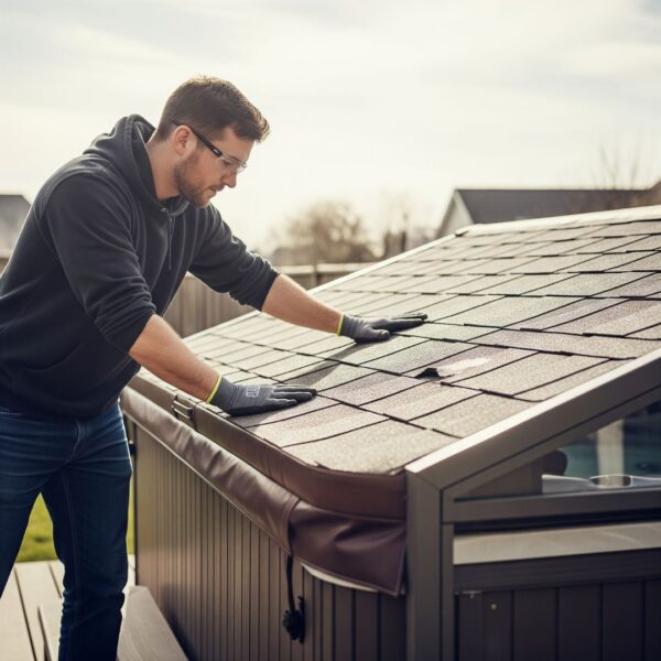 A person inspecting the roof of a hot tub enclosure