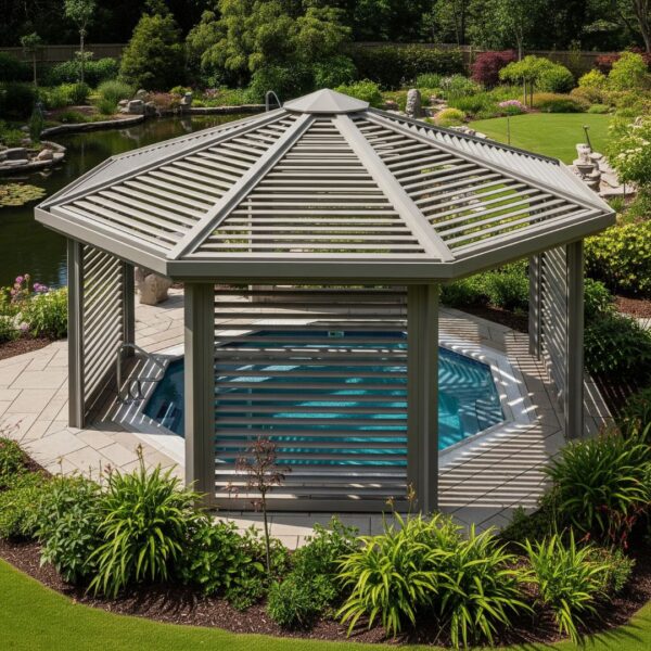 Louvered roof of a spa gazebo for ventilation