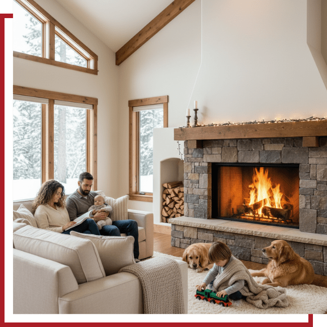 family enjoying time together by an indoor fireplace