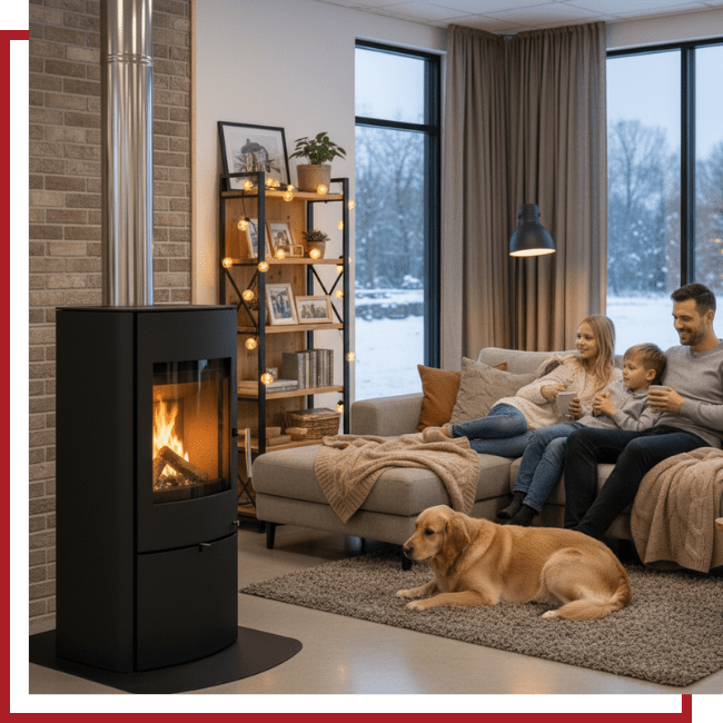 family relaxing in a living room with a gas freestanding stove
