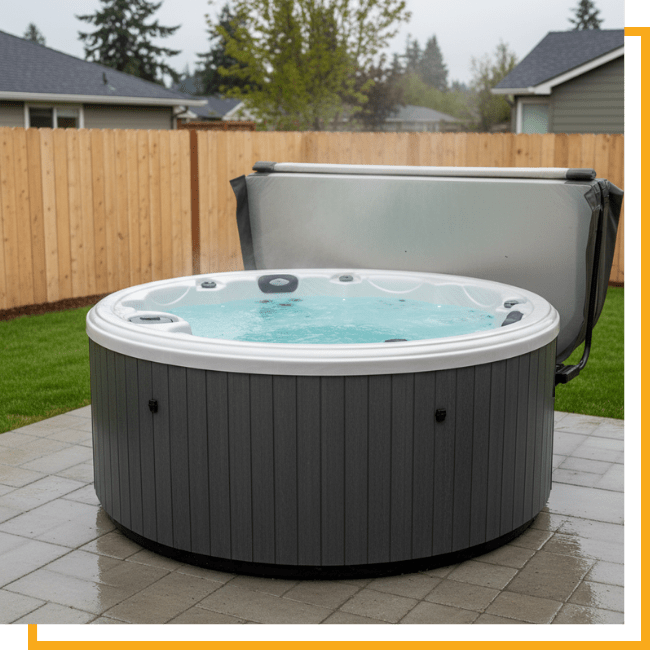 circular hot tub with the cover open