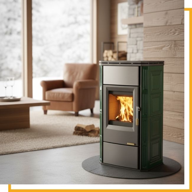 modern pellet stove in a home during winter