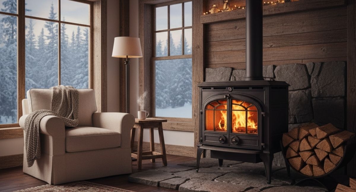wood burning stove in a cabin style home