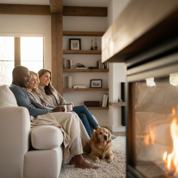 people sitting in front of gas fireplace