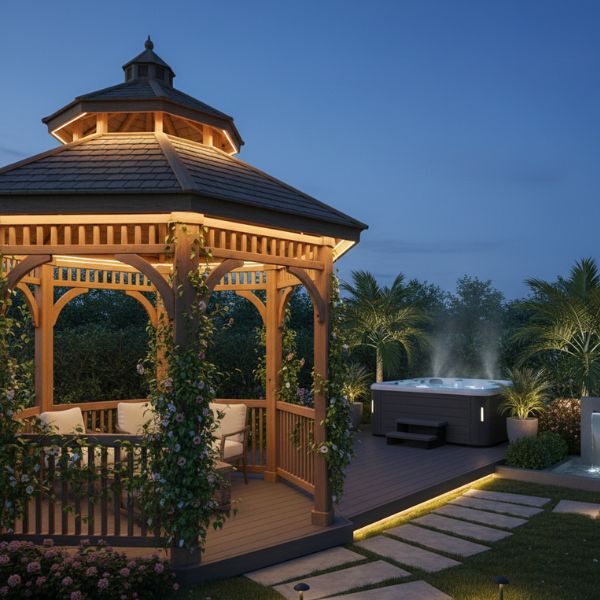spa landscaping with gazebo