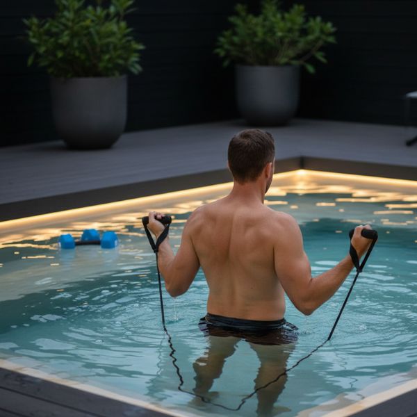 person exercising in swim spa