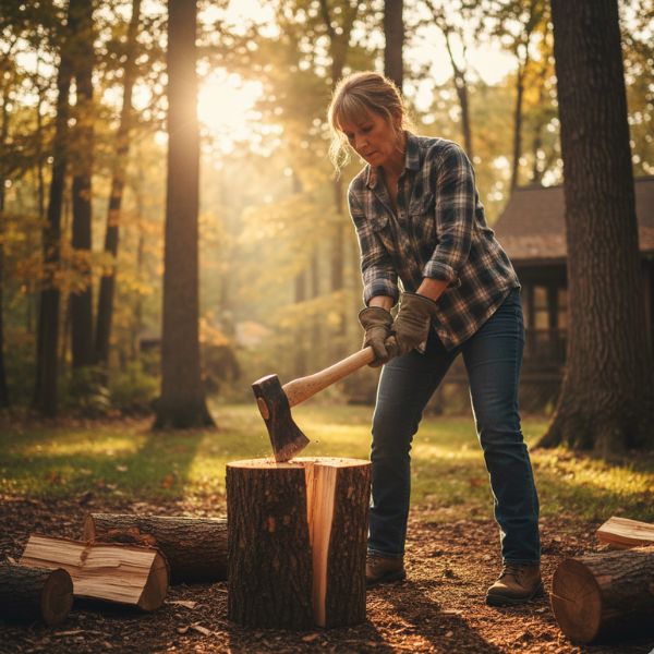 woman chopping firewood