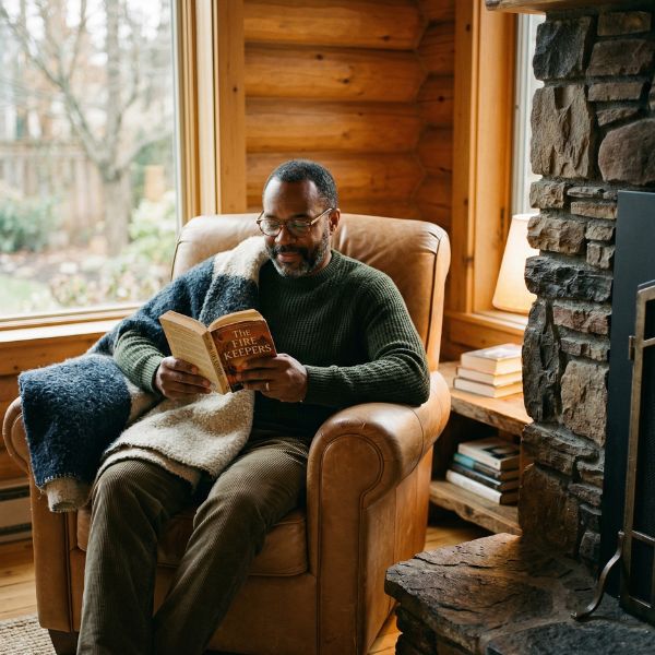 man reading book by fireplace