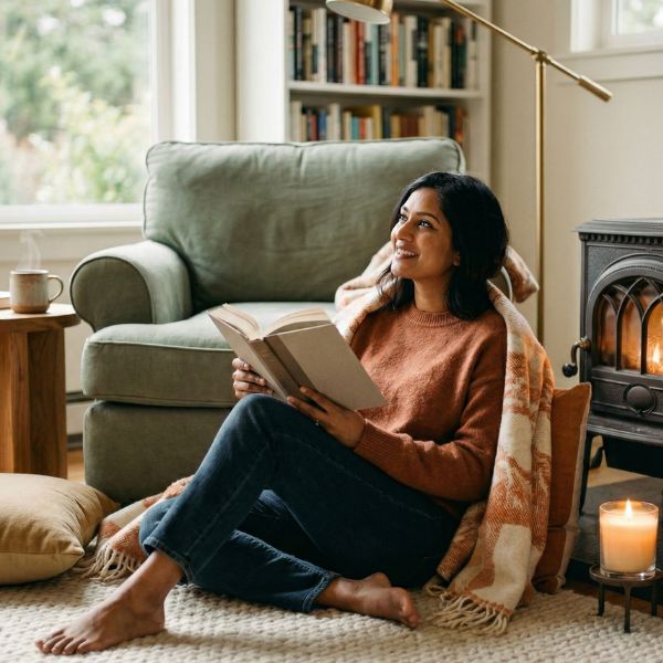 woman reading book by fireplace
