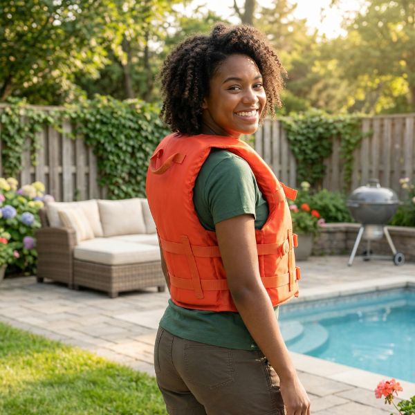 woman in life jacket by pool
