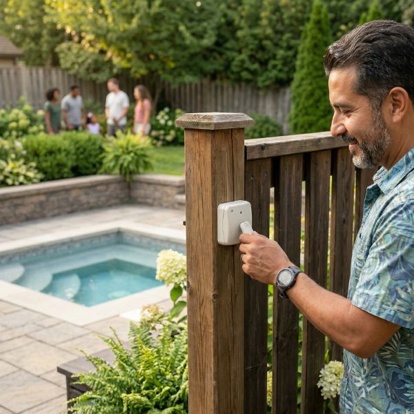 man installing pool alarm