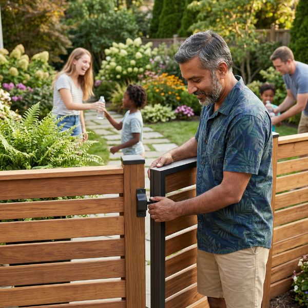 man installing pool fence