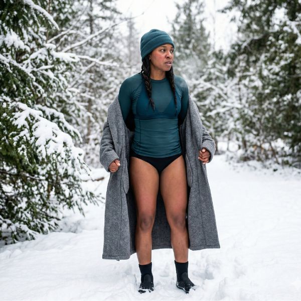 woman waiting to cold plunge