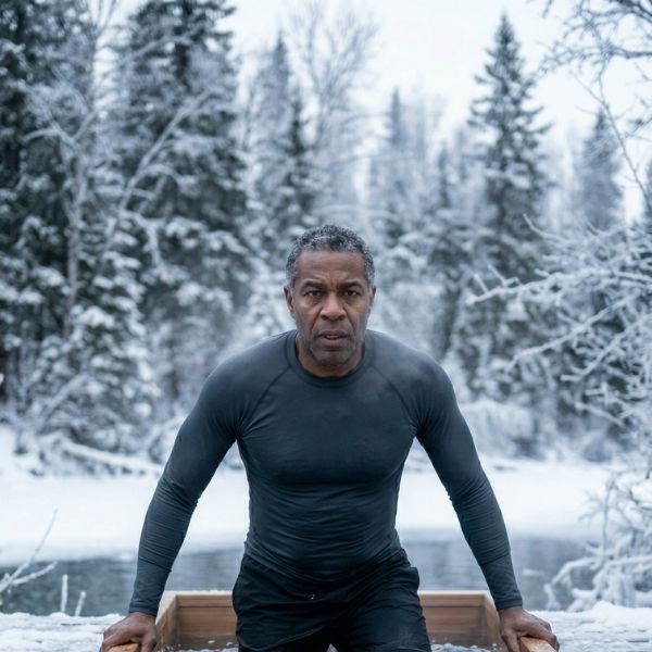 man in cold plunge tub in winter