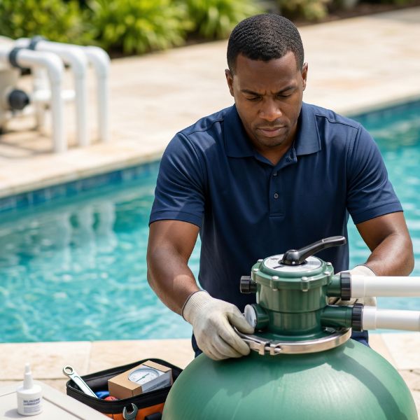 pool technician fixing pool