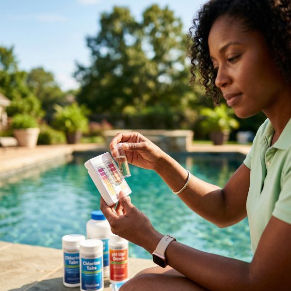 woman testing pool chemicals