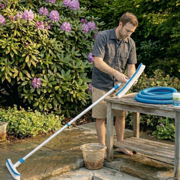 man preparing to clean pool