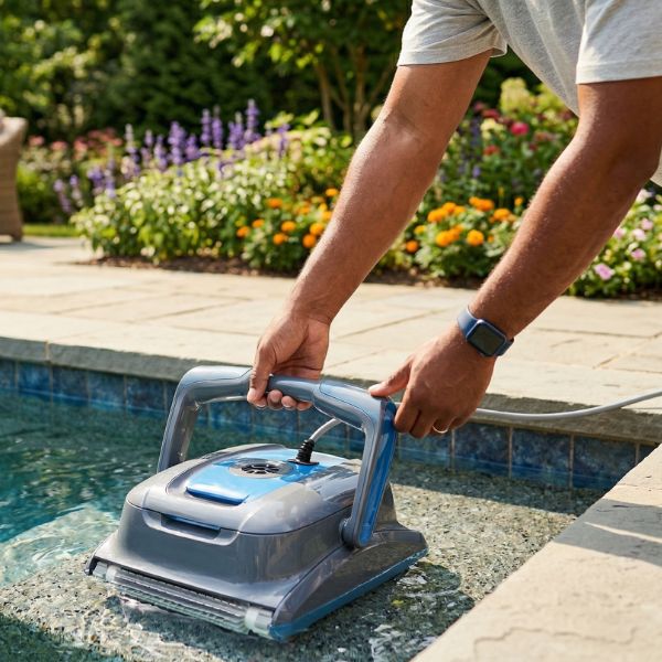 man using automatic pool cleaner