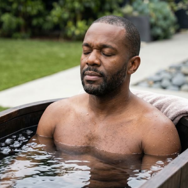 man in cold plunge tub