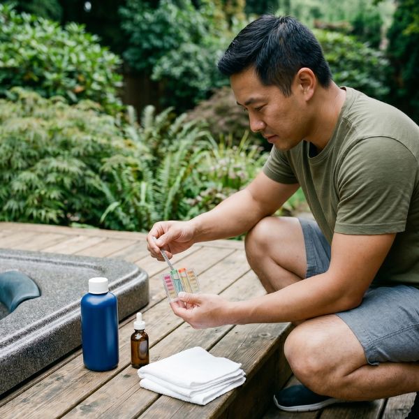 man testing spa water