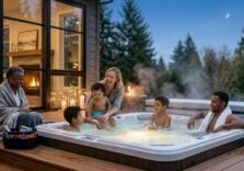 family enjoying hot tub at home